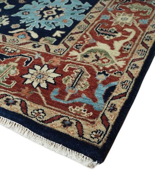 8x10 Fine Hand Knotted Navy Blue and Red Traditional Vintage Persian Style Serapi Heriz Antique Wool Rug, Living Room Rug