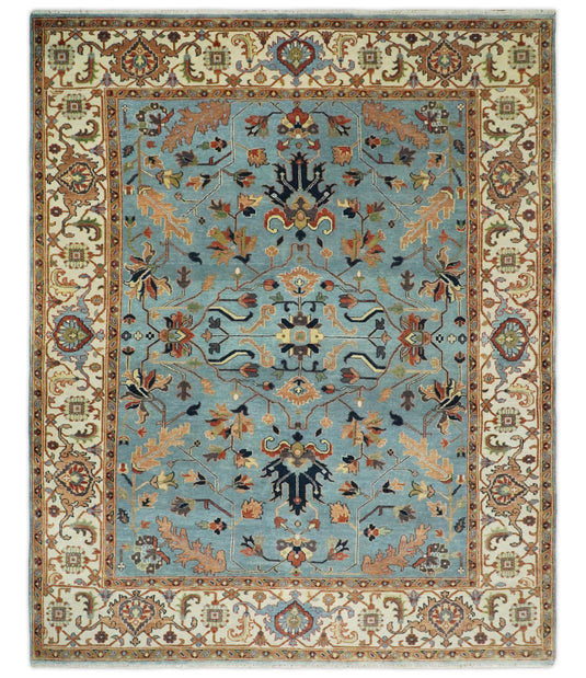 8x10 Fine Hand Knotted Blue and Ivory Traditional Vintage Persian Style Serapi Heriz Antique Wool Rug, Living Room Rug | CP540810