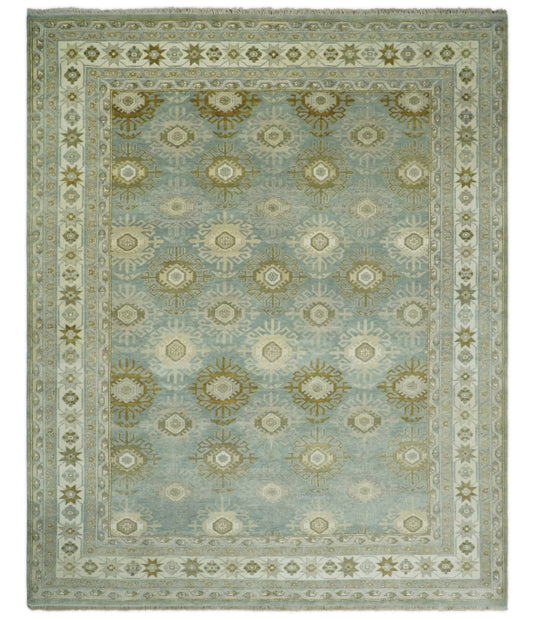 Traditional Hand Knotted Khottan Blue and Beige 8x10 Fine Vintage Persian Style Antique Silk Rug | CP535810