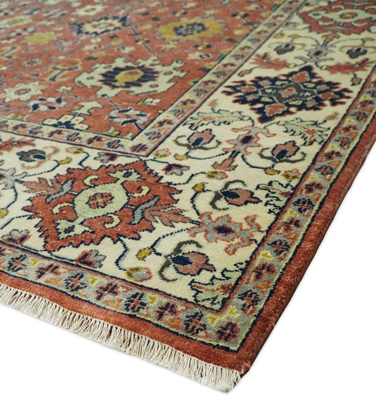 Traditional Vintage Style 8x10 Fine Hand Knotted Terracotta and Beige Antique Wool Rug | CP529810