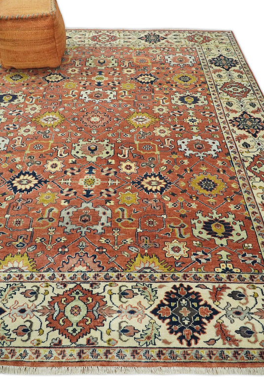 Traditional Vintage Style 8x10 Fine Hand Knotted Terracotta and Beige Antique Wool Rug | CP529810