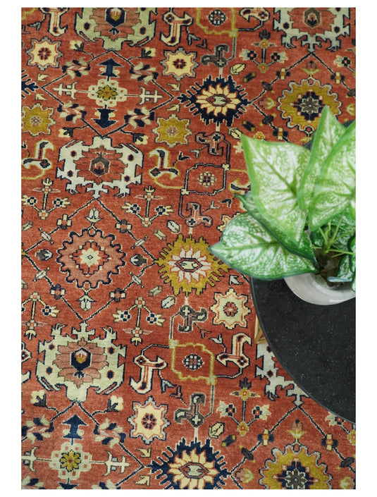 Traditional Vintage Style 8x10 Fine Hand Knotted Terracotta and Beige Antique Wool Rug | CP529810