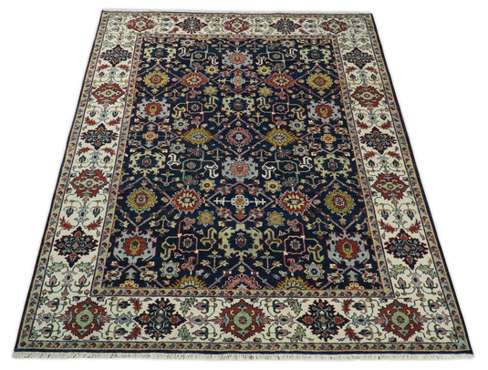 Traditional 8x10 Fine Hand Knotted Blue and Ivory Vintage Persian Style Antique Wool Rug | CP528810