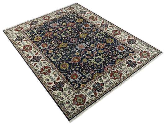 Traditional 8x10 Fine Hand Knotted Blue and Ivory Vintage Persian Style Antique Wool Rug | CP528810
