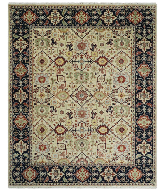 Traditional Vintage 8x10 Fine Hand Knotted Beige and Blue Persian Style Oushak Antique Wool Rug, Living Room and Bedroom Rug | CP525810