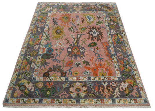 Traditional Hand knotted Oushak 8x10 Wool Persian Pink and Charcoal Vibrant Colorful Area Rug | CP778810