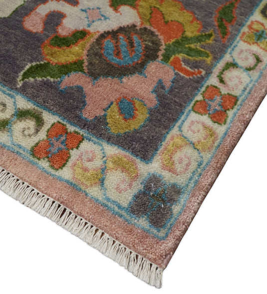 Traditional Hand knotted Oushak 8x10 Wool Persian Pink and Charcoal Vibrant Colorful Area Rug | CP778810