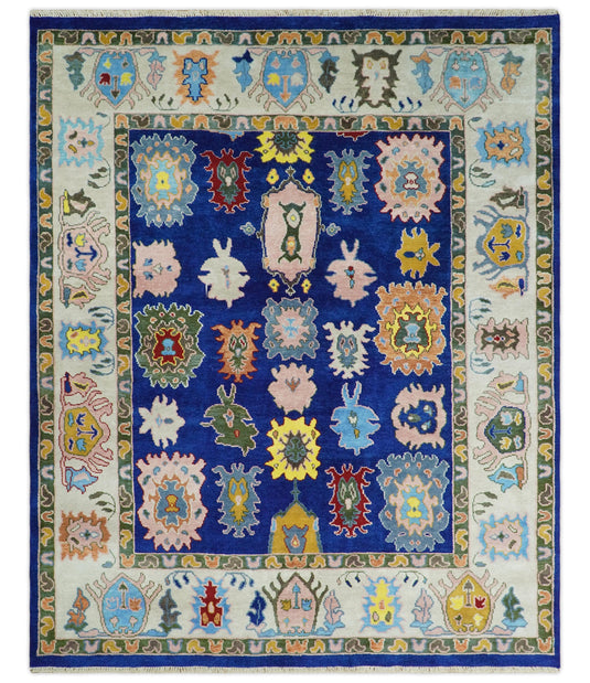 Traditional Hand knotted Oushak 8x10 Wool Persian Blue and Ivory Vibrant Colorful Area Rug | CP776810