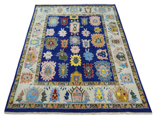 Traditional Hand knotted Oushak 8x10 Wool Persian Blue and Ivory Vibrant Colorful Area Rug | CP776810