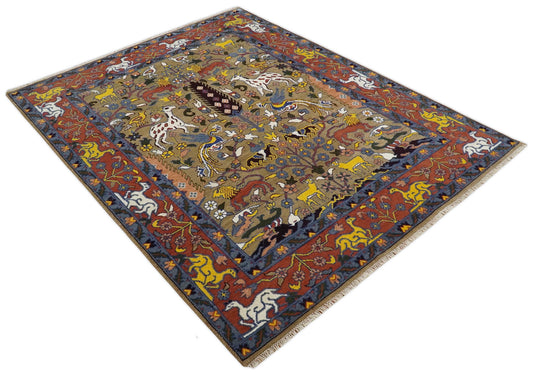 Traditional Hand knotted 8x10 Wool Persian Camel , Rust and Blue Vibrant Colorful Area Rug | CP775810