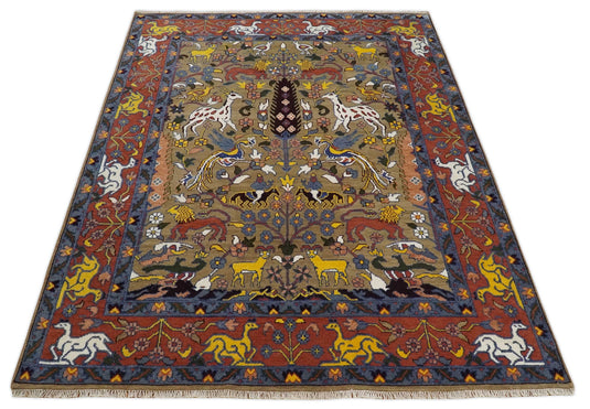 Traditional Hand knotted 8x10 Wool Persian Camel , Rust and Blue Vibrant Colorful Area Rug | CP775810