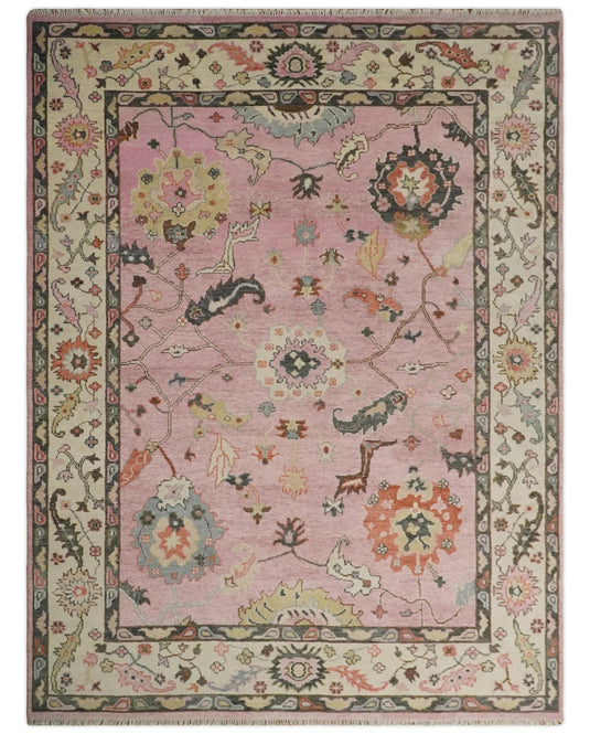 Traditional Hand knotted Oushak 9x12 Wool Persian Pink, Charcoal and Beige Vibrant Colorful Area Rug | CP792912