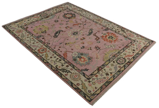 Traditional Hand knotted Oushak 9x12 Wool Persian Pink, Charcoal and Beige Vibrant Colorful Area Rug | CP792912