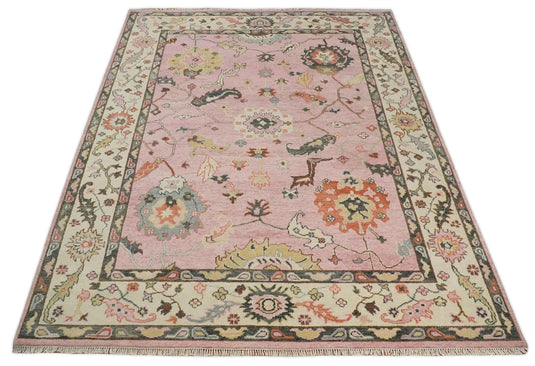 Traditional Hand knotted Oushak 9x12 Wool Persian Pink, Charcoal and Beige Vibrant Colorful Area Rug | CP792912