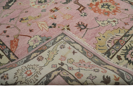 Traditional Hand knotted Oushak 9x12 Wool Persian Pink, Charcoal and Beige Vibrant Colorful Area Rug | CP792912