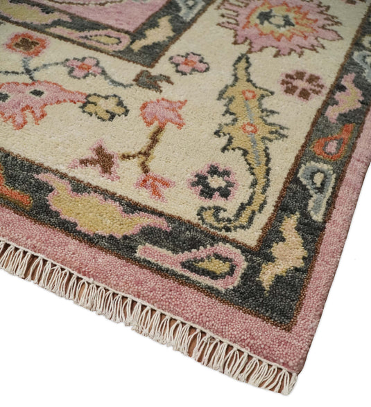 Traditional Hand knotted Oushak 9x12 Wool Persian Pink, Charcoal and Beige Vibrant Colorful Area Rug | CP792912