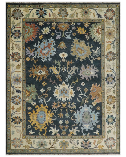 Traditional Hand knotted Oushak 9x12 Wool Charcoal and Ivory Area Rug | CP789912