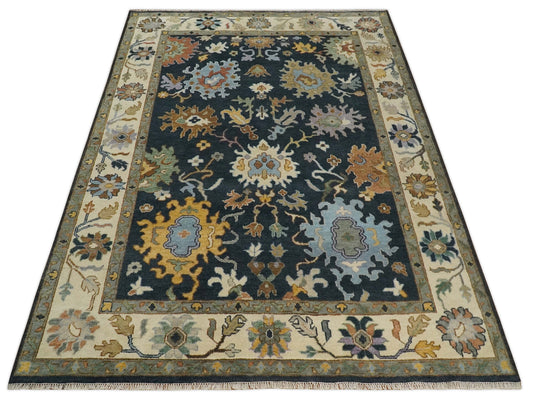 Traditional Hand knotted Oushak 9x12 Wool Charcoal and Ivory Area Rug | CP789912