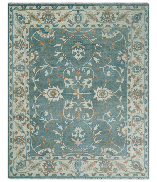 Blue and Beige 8x10 Hand Knotted Traditional Vintage Turkish Oushak Antique Wool Rug | CP756810