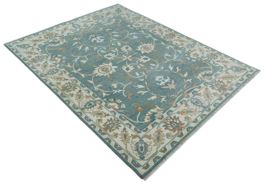 Blue and Beige 8x10 Hand Knotted Traditional Vintage Turkish Oushak Antique Wool Rug | CP756810