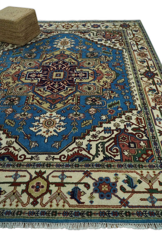 8x10 Fine Hand Knotted Beige, Blue and Ivory Traditional Vintage Persian Style Serapi Heriz Antique Wool Rug, Living Room Rug | CP540810