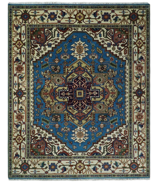 8x10 Fine Hand Knotted Beige, Blue and Ivory Traditional Vintage Persian Style Serapi Heriz Antique Wool Rug, Living Room Rug | CP540810