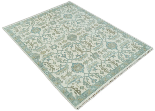 Hand Knotted Large Antique Turkish Oushak 8x10 Beige and Blue Wool Area Rug, Pastel Rug, Living Room, Bedroom and Dinning Rug | CP428