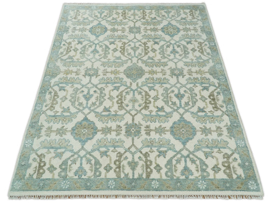 Hand Knotted Large Antique Turkish Oushak 8x10 Beige and Blue Wool Area Rug, Pastel Rug, Living Room, Bedroom and Dinning Rug | CP428