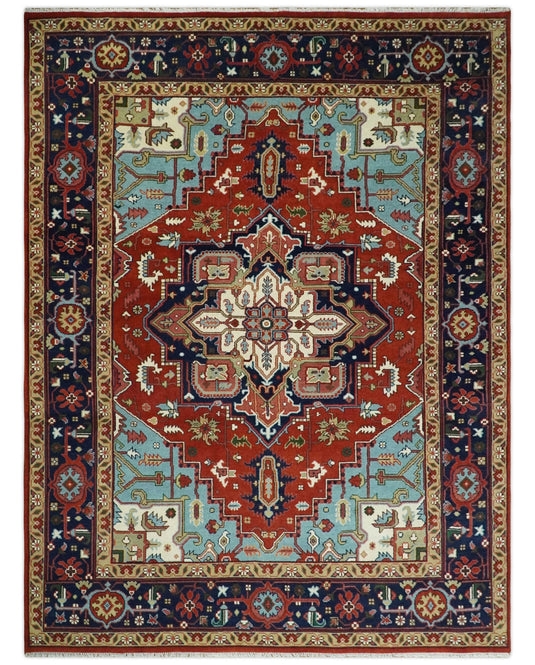 Antique Persian Heriz Serapi Rug, Rust and Blue Traditional Rug, Hand Knotted 3x5, 5x8, 6x9, 8x10, 9x12, Living Room and Bedroom Rug | CP190