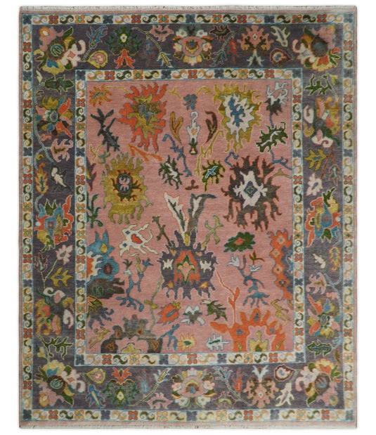 Traditional Hand knotted Oushak 8x10 Wool Persian Pink and Charcoal Vibrant Colorful Area Rug | CP778810