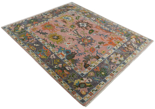 Traditional Hand knotted Oushak 8x10 Wool Persian Pink and Charcoal Vibrant Colorful Area Rug | CP778810