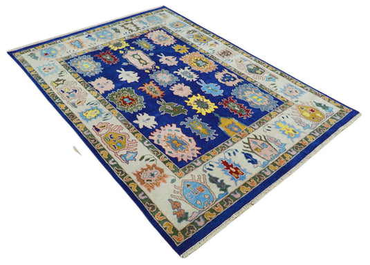 Traditional Hand knotted Oushak 8x10 Wool Persian Blue and Ivory Vibrant Colorful Area Rug | CP776810