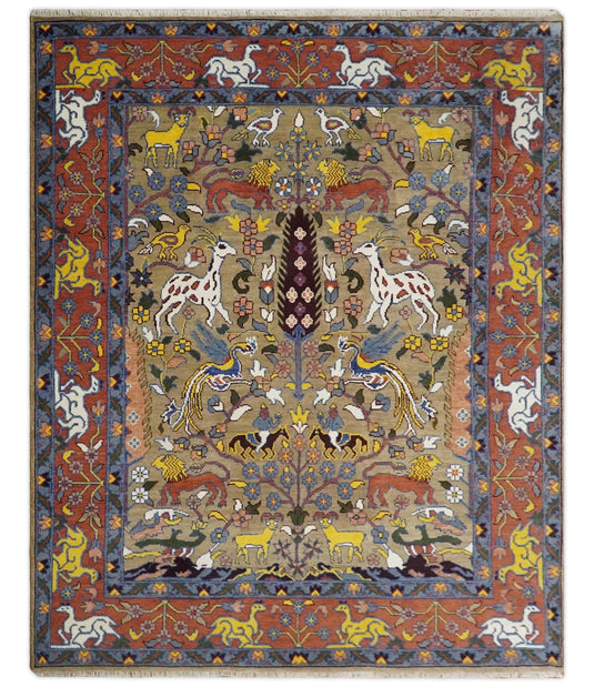 Traditional Hand knotted 8x10 Wool Persian Camel , Rust and Blue Vibrant Colorful Area Rug | CP775810