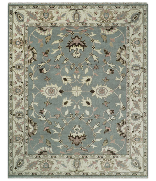 Silver and Beige 8x10 Hand Knotted Traditional Persian Oushak Wool Rug | CP760810