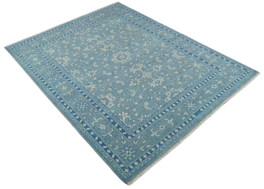 8x10 Hand Knotted Blue and Beige Traditional Vintage Persian Oushak Antique Wool Rug | CP757810