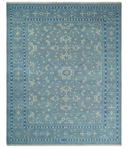 8x10 Hand Knotted Blue and Beige Traditional Vintage Persian Oushak Antique Wool Rug | CP757810