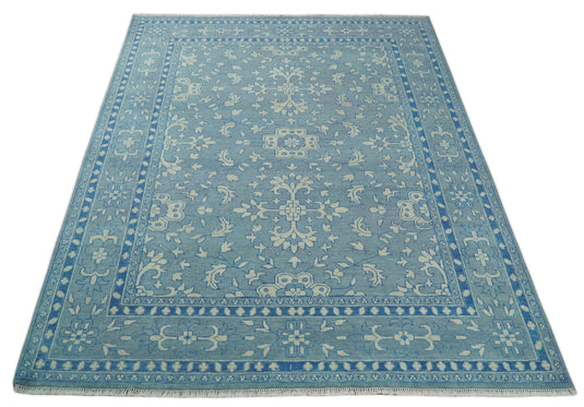 8x10 Hand Knotted Blue and Beige Traditional Vintage Persian Oushak Antique Wool Rug | CP757810