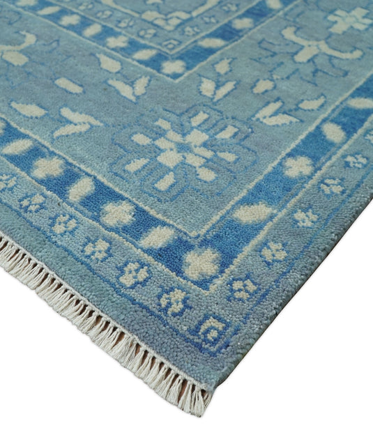 8x10 Hand Knotted Blue and Beige Traditional Vintage Persian Oushak Antique Wool Rug | CP757810