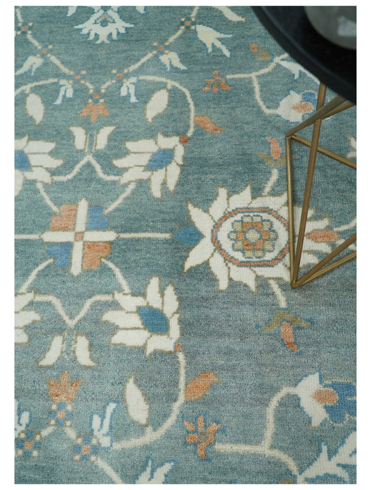 Blue and Beige 8x10 Hand Knotted Traditional Vintage Turkish Oushak Antique Wool Rug | CP756810