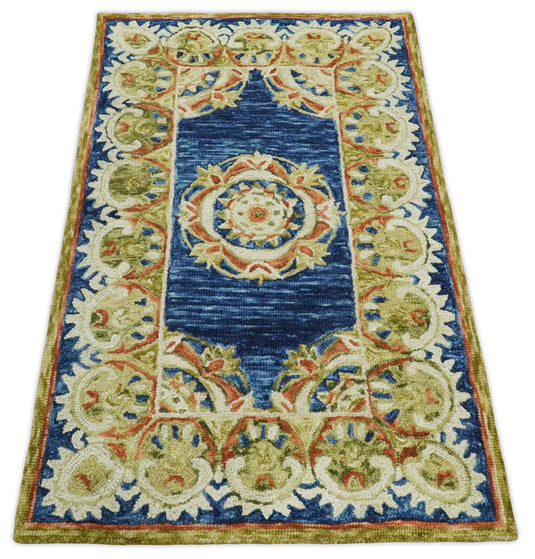 Blue and Beige Persian Style Hand Tufted Oriental Wool Area Rug, Kids, Nursery and Kitchen Rug | MA12