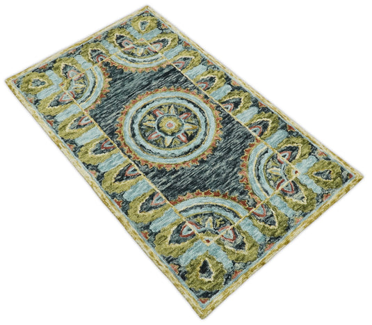 Blue, Rust and Moss Green Persian Style Antique Oriental Wool Hand Tufted Area Rug | MA15