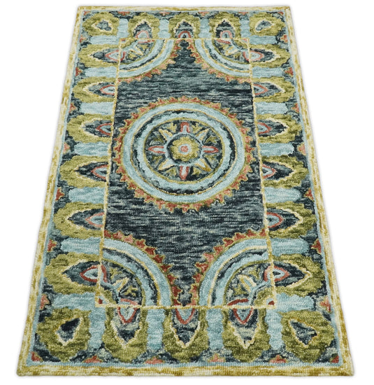 Blue, Rust and Moss Green Persian Style Antique Oriental Wool Hand Tufted Area Rug | MA15