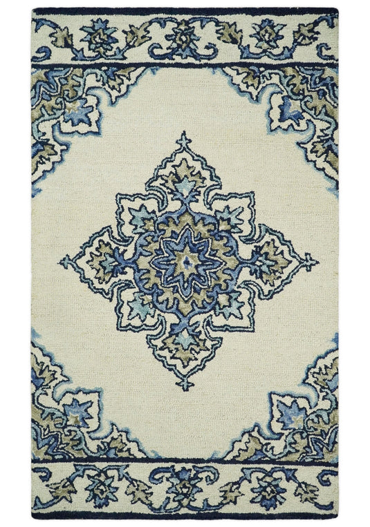 Blue and Beige Persian Style Antique Mid Century Modern Wool Hand Tufted Area Rug, hallway, kids, bedside and kitchen rug | MA16