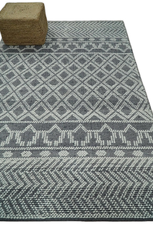 Hand woven 5X8 tribal Woolen Chunky and Soft White and Black Wool Area Rug, Living Room, Bedroom and Dinning Rug | MA20