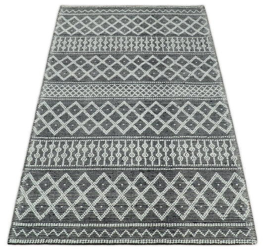 Hand woven 5X8 tribal Woolen Chunky and Soft White and Black Wool Area Rug, Boho Kids, Living room, Dinning Room and Bedroom rug | MA22