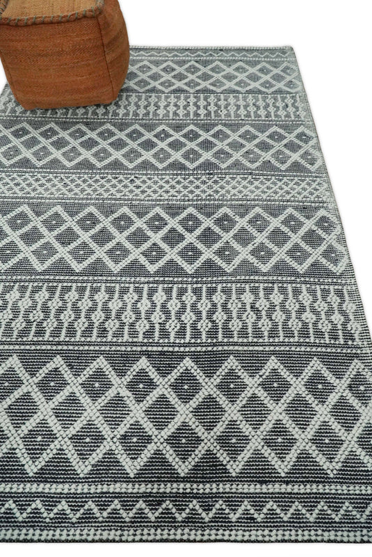 Hand woven 5X8 tribal Woolen Chunky and Soft White and Black Wool Area Rug, Boho Kids, Living room, Dinning Room and Bedroom rug | MA22