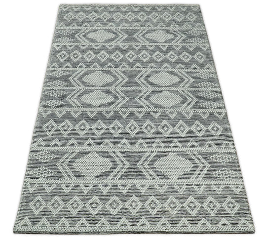 Hand woven 5X8 tribal Woolen Chunky and Soft White and Black Wool Area Rug. Kids, Living Room, bedroom and Dinning Rug | MA23