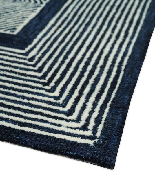 Hand Tufted 5X8 Blue and White Modern Geometric Wool Loop Area Rug, Kids, Living Room, Bedroom and Dinning Rug | MA26