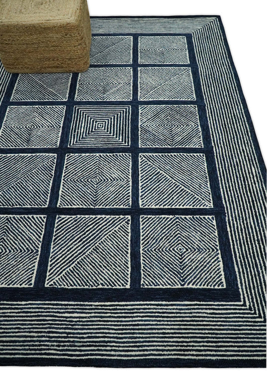 Hand Tufted 5X8 Blue and White Modern Geometric Wool Loop Area Rug, Kids, Living Room, Bedroom and Dinning Rug | MA26