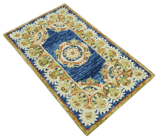 Blue and Beige Persian Style Hand Tufted Oriental Wool Area Rug, Kids, Nursery and Kitchen Rug | MA12